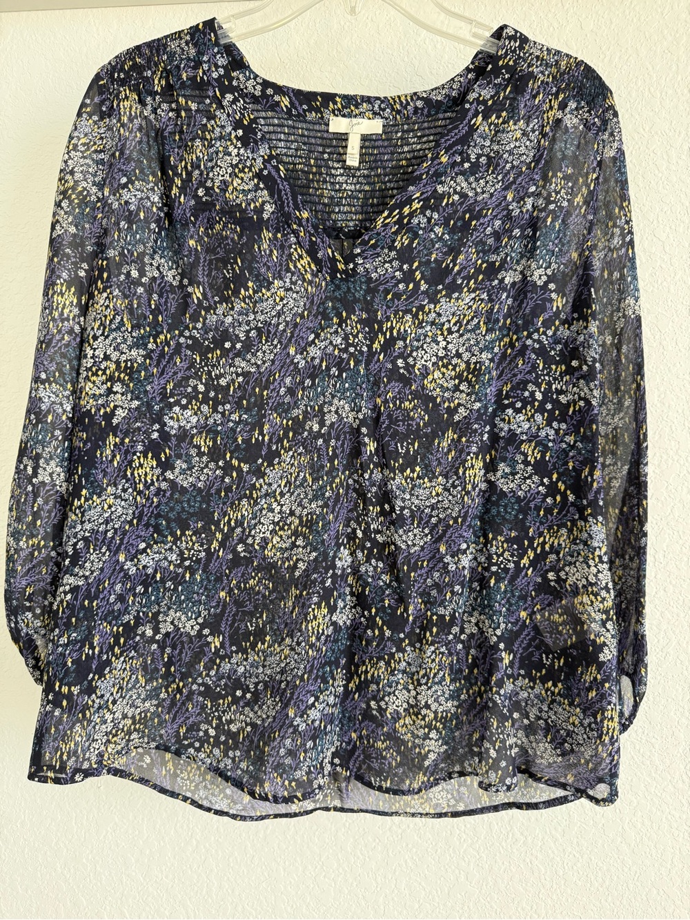Joie Navy Floral Sheer V-Neck Blouse
